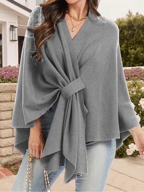 Women's Gray Knot-Front Draped Poncho Sweater